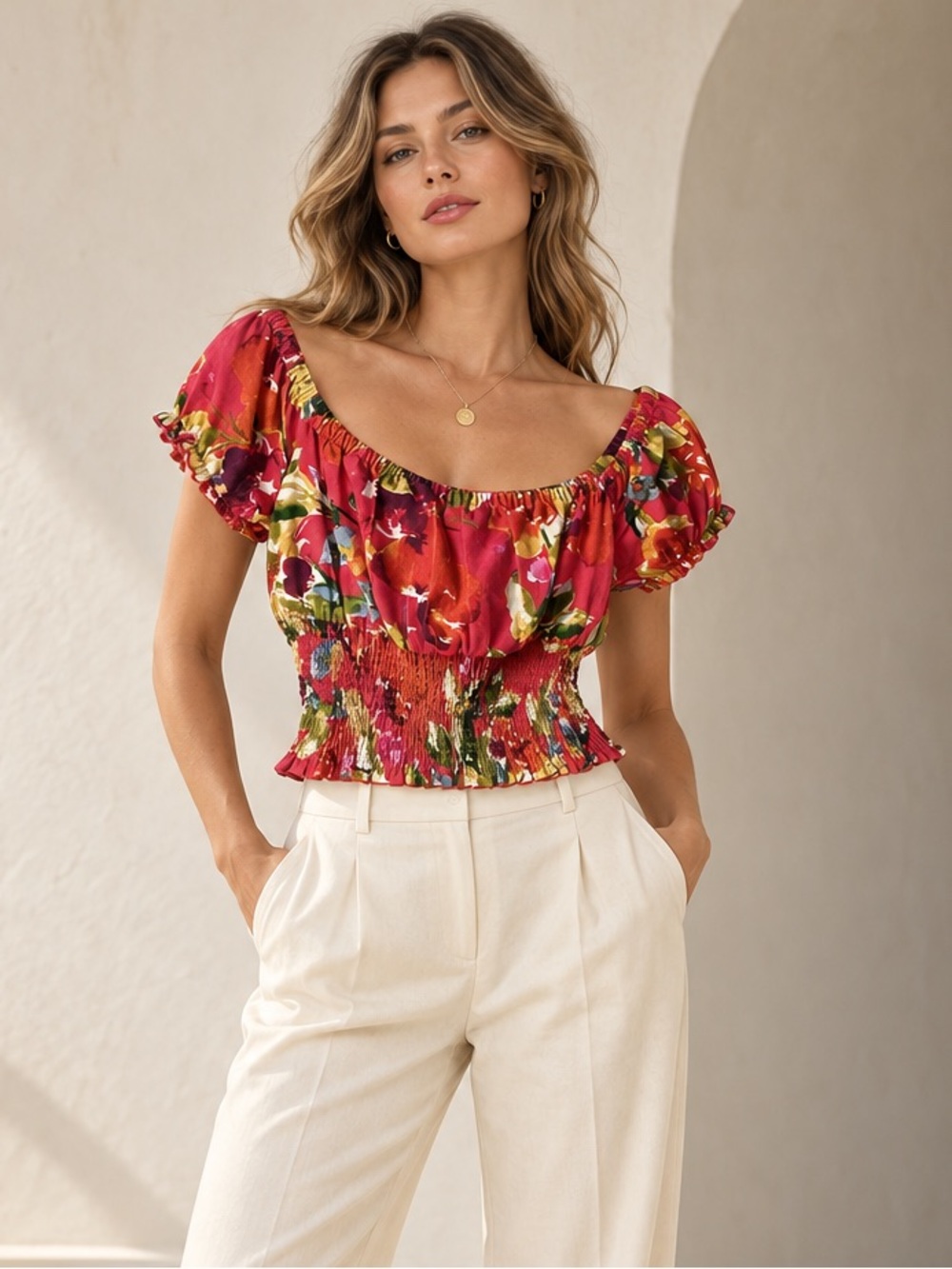 GUESS Nadia Floral Off Shoulder Smocked Linen Crop Top Size Large